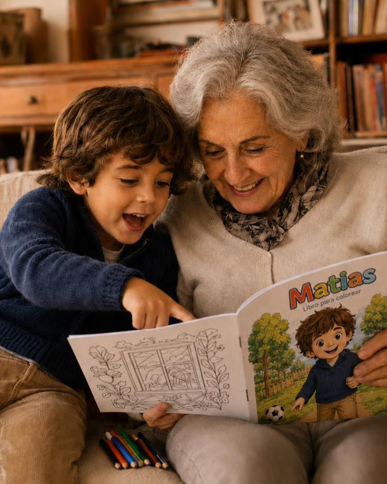 Abuela y nieto mirando juntos el libro personalizado