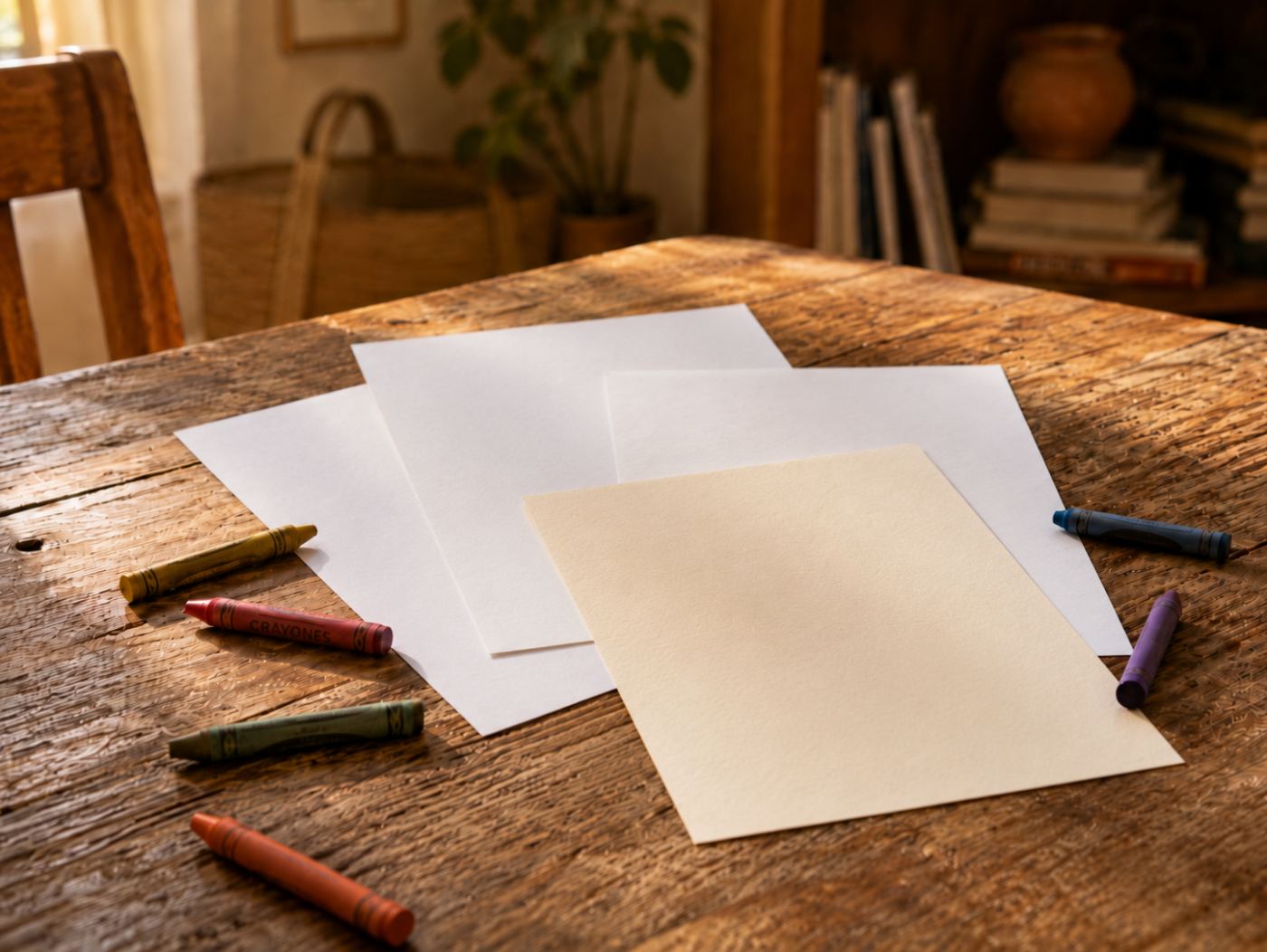 Hojas de papel blanco y ahuesado con crayones sobre una mesa de madera